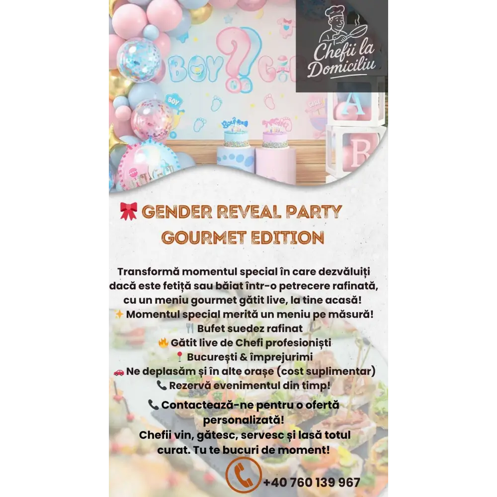 🎉 Gender Reveal Party – Ediție Gourmet - Meniu Gourmet pentru Evenimente Private